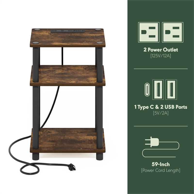 Furinno JUST 3-Tier Nightstand. USB & Type-C Charging Port. Amber Pine
