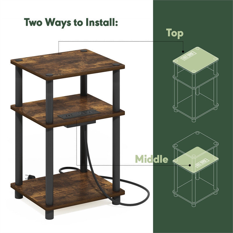 Furinno JUST 3-Tier Nightstand. USB & Type-C Charging Port. Amber Pine