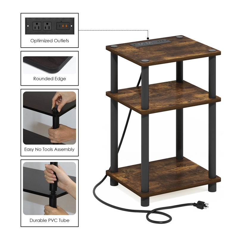 Furinno JUST 3-Tier Nightstand. USB & Type-C Charging Port. Amber Pine