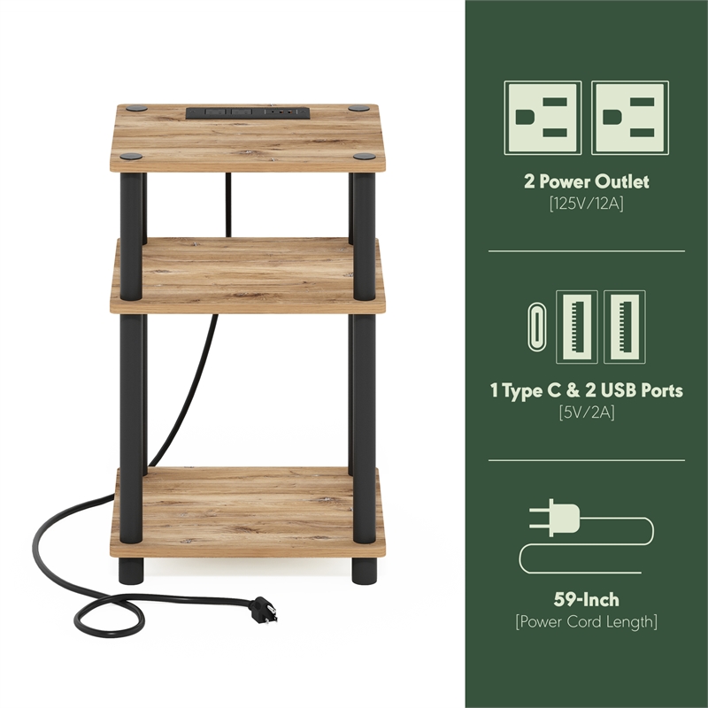 Furinno JUST 3-Tier Nightstand. USB & Type-C Charging Port. Flagstaff Oak