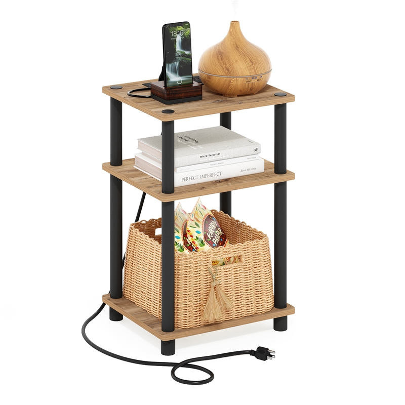 Furinno JUST 3-Tier Nightstand. USB & Type-C Charging Port. Flagstaff Oak