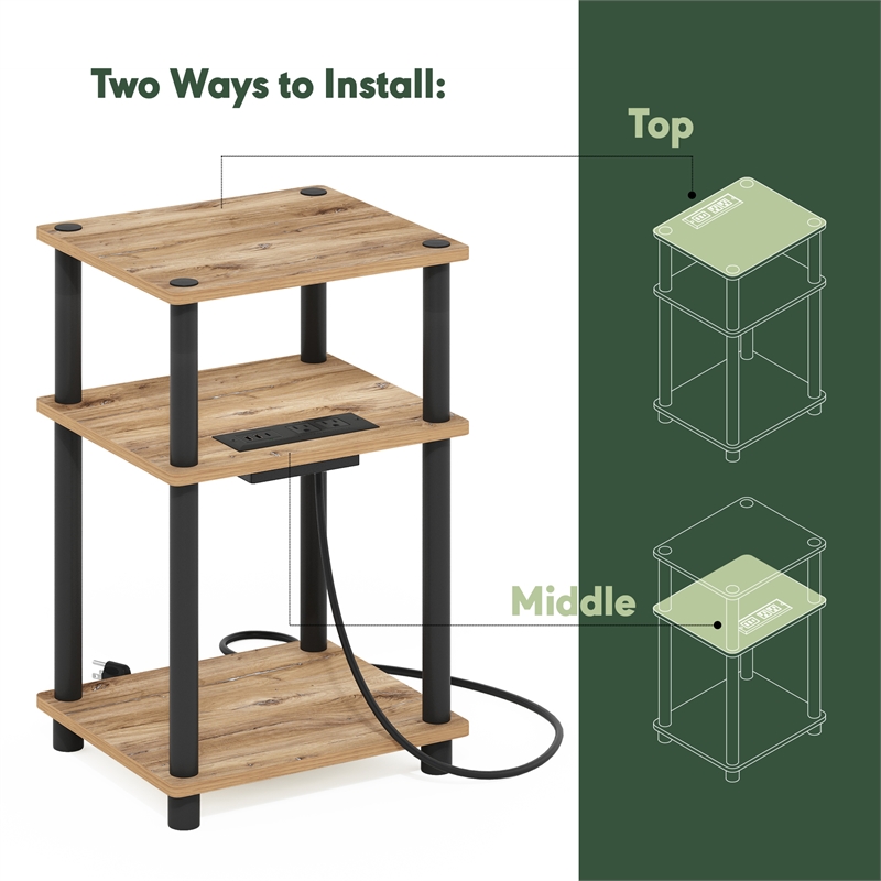 Furinno JUST 3-Tier Nightstand. USB & Type-C Charging Port. Flagstaff Oak