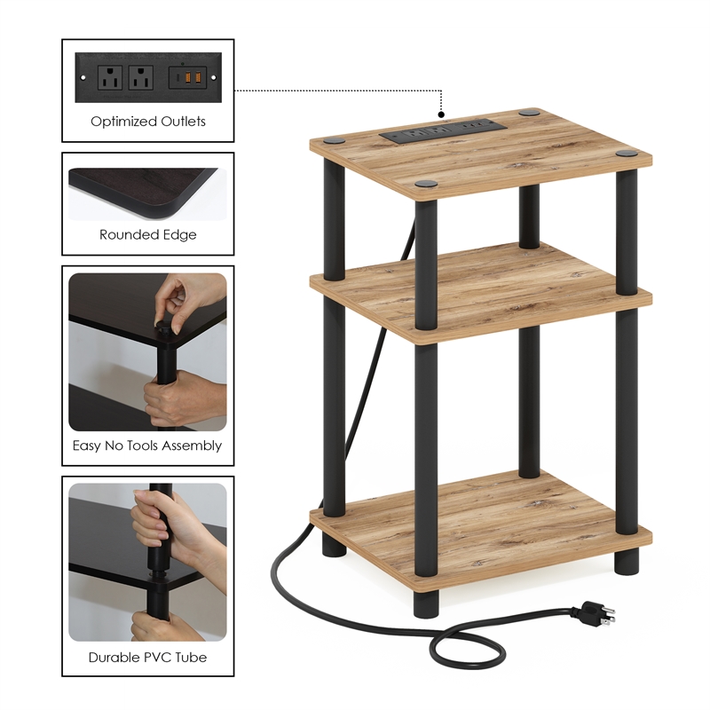 Furinno JUST 3-Tier Nightstand. USB & Type-C Charging Port. Flagstaff Oak