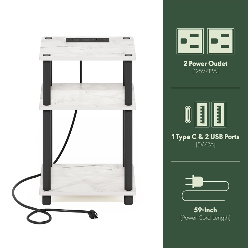 Furinno JUST 3-Tier Nightstand. USB & Type-C Charging Port. Marble White