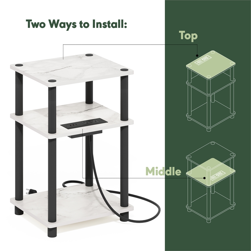 Furinno JUST 3-Tier Nightstand. USB & Type-C Charging Port. Marble White