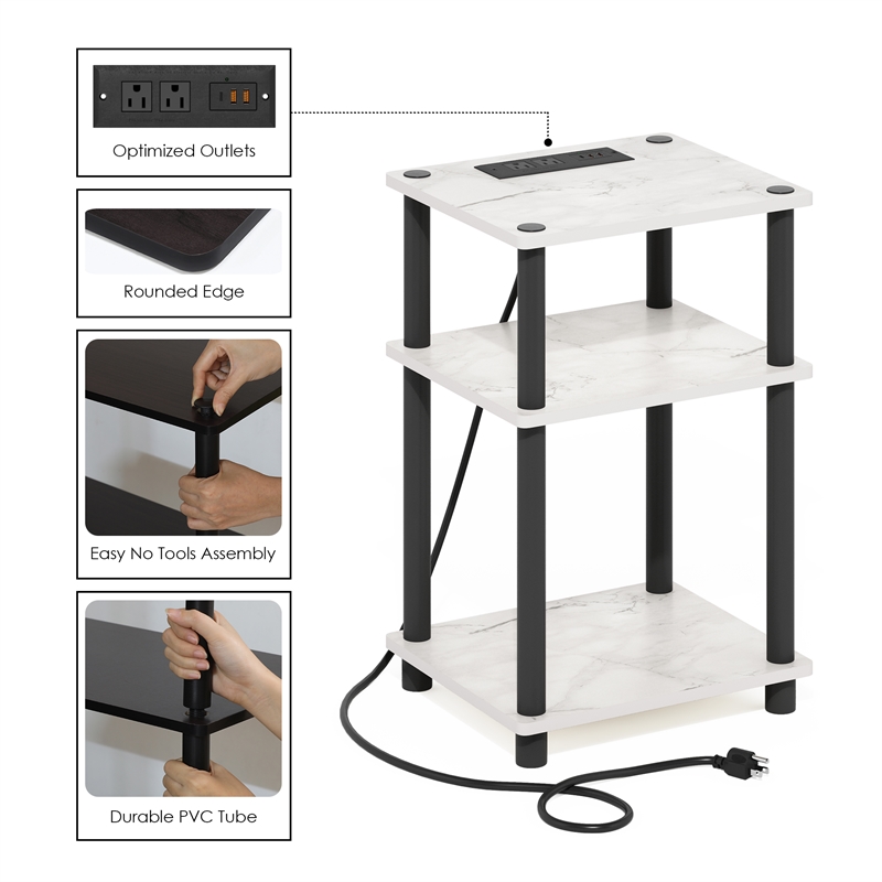 Furinno JUST 3-Tier Nightstand. USB & Type-C Charging Port. Marble White