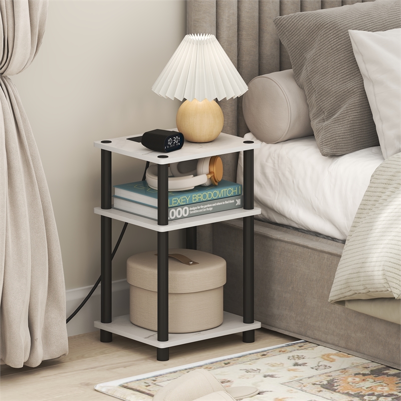 Furinno JUST 3-Tier Nightstand. USB & Type-C Charging Port. Marble White