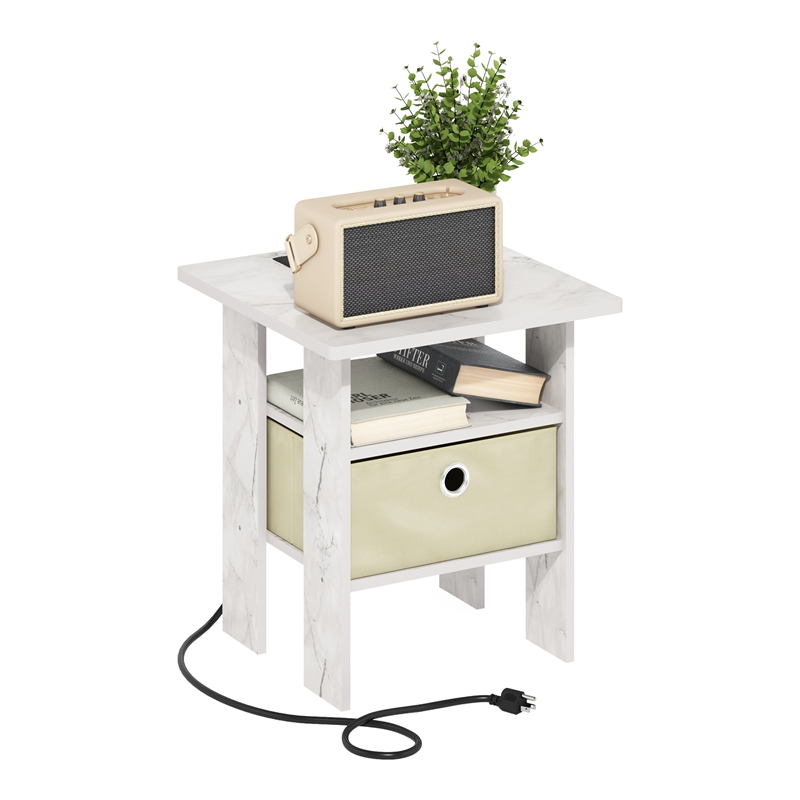 Furinno ANDREY Nightstand with USB & Type-C Charging Port. Marble White