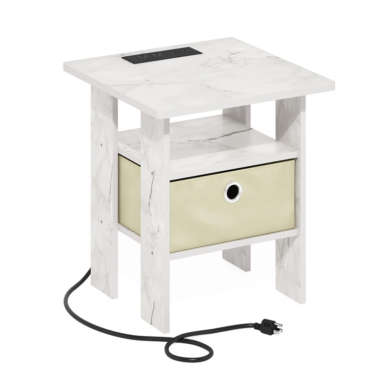Furinno ANDREY Nightstand with USB & Type-C Charging Port. Marble White