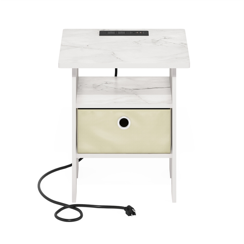 Furinno ANDREY Nightstand with USB & Type-C Charging Port. Marble White