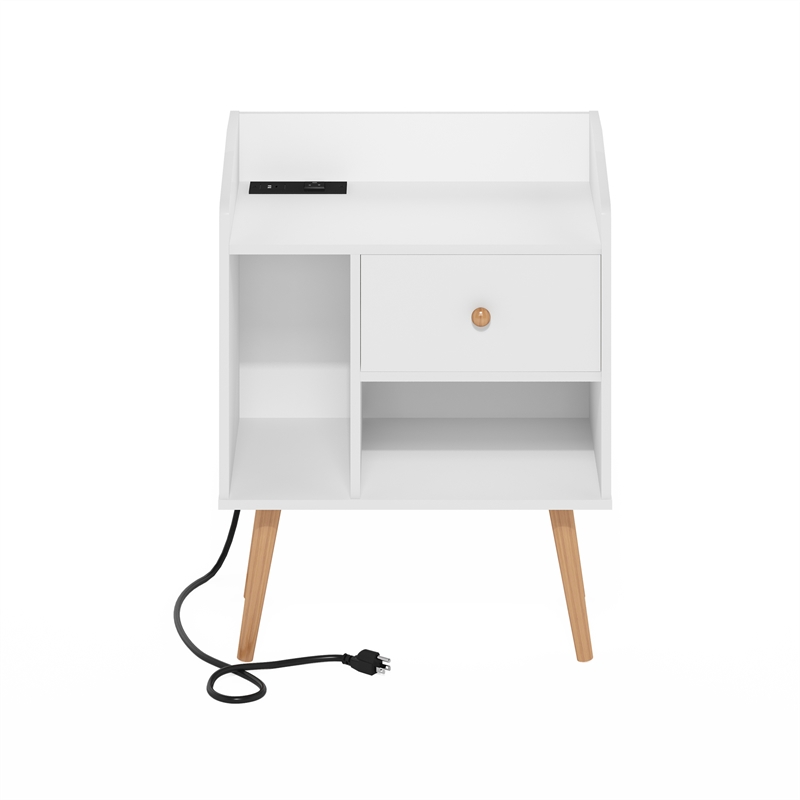 Furinno CLAUDE Mid Century Nightstand. USB & Type-C Charging Port. White
