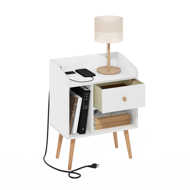 Furinno CLAUDE Mid Century Nightstand. USB & Type-C Charging Port. White