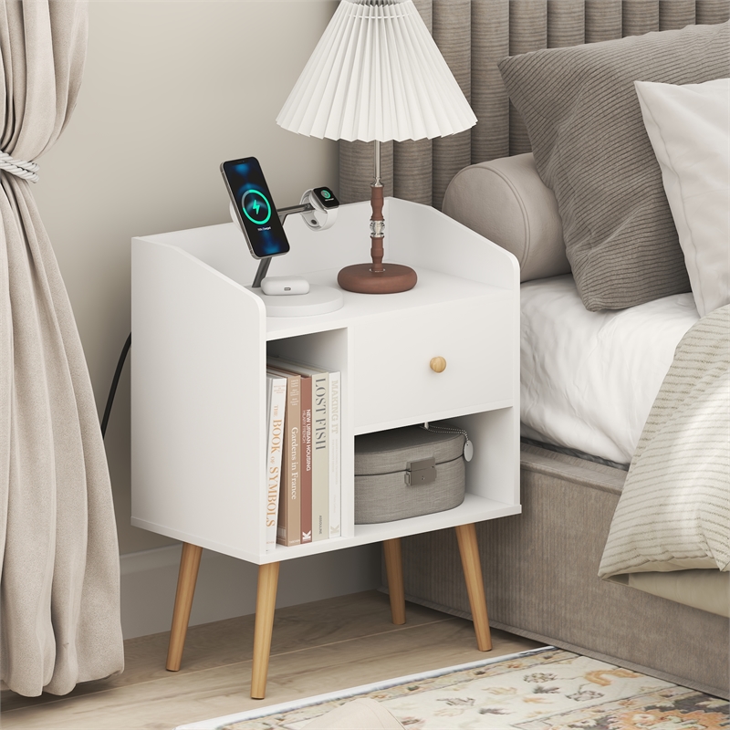 Furinno CLAUDE Mid Century Nightstand. USB & Type-C Charging Port. White