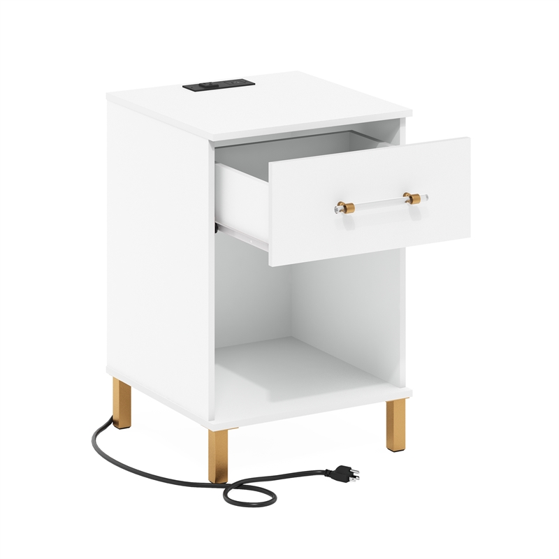 Furinno TIDUR Drawer Nightstand with USB & Type-C Charging Port. White