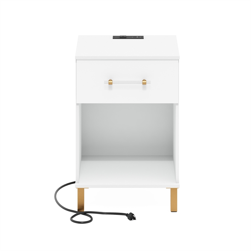 Furinno TIDUR Drawer Nightstand with USB & Type-C Charging Port. White