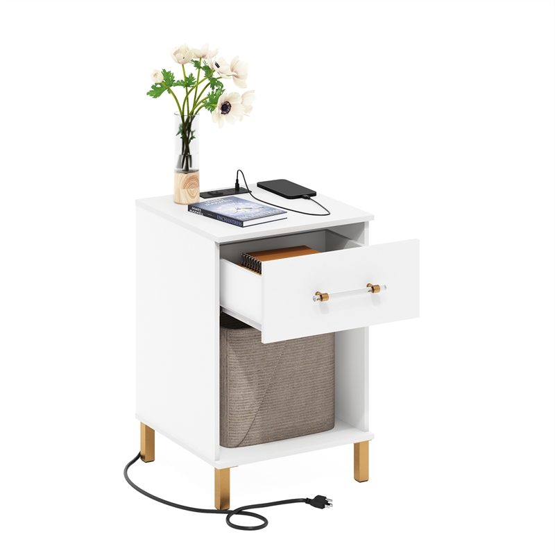 Furinno TIDUR Drawer Nightstand with USB & Type-C Charging Port. White