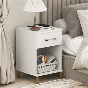 Furinno TIDUR Drawer Nightstand with USB & Type-C Charging Port. White