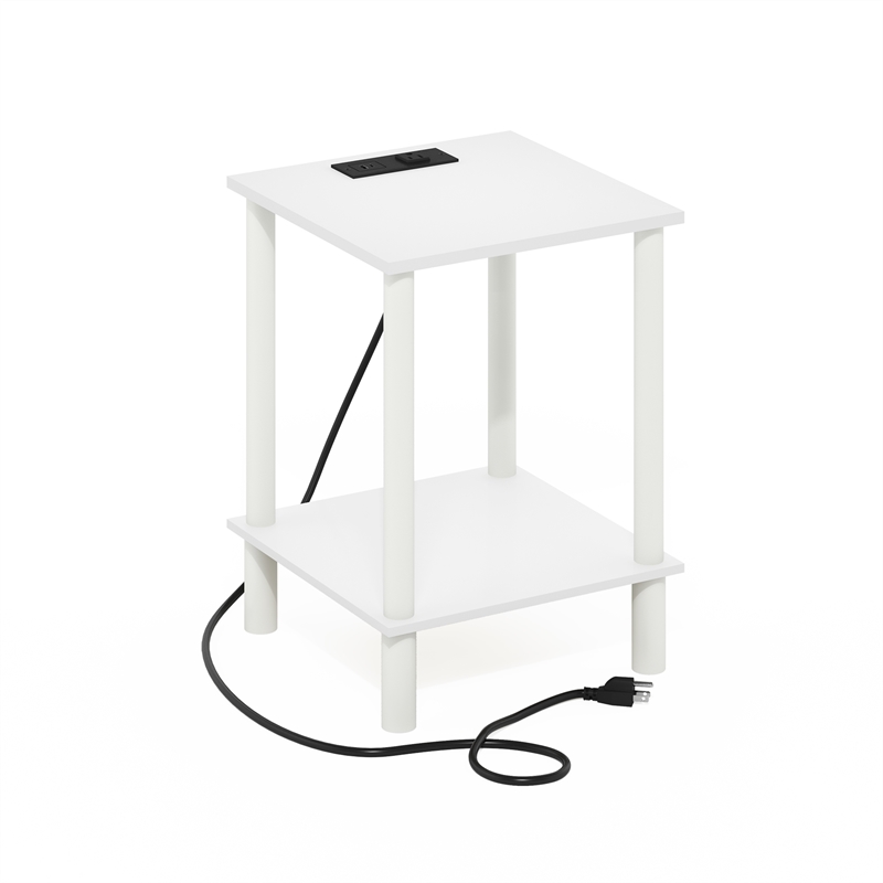Furinno TURN-N-TUBE 2-Tier Nightstand. USB & Type-C Charging Port. White