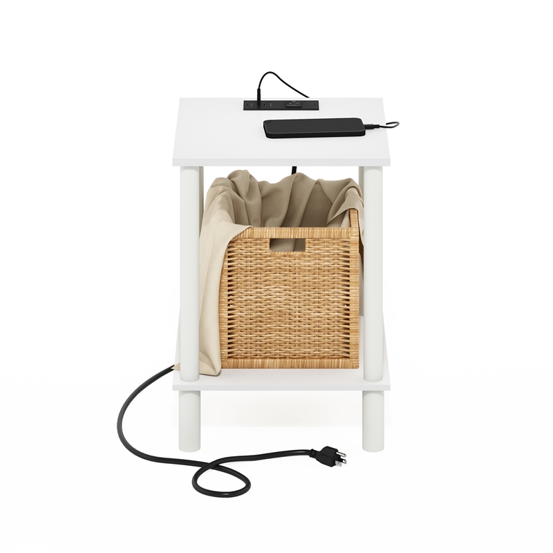 Furinno TURN-N-TUBE 2-Tier Nightstand. USB & Type-C Charging Port. White
