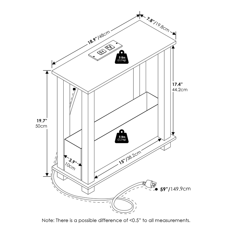 Furinno TURN-S-TUBE 2-Tier Nightstand. USB & Type-C Charging Port. White