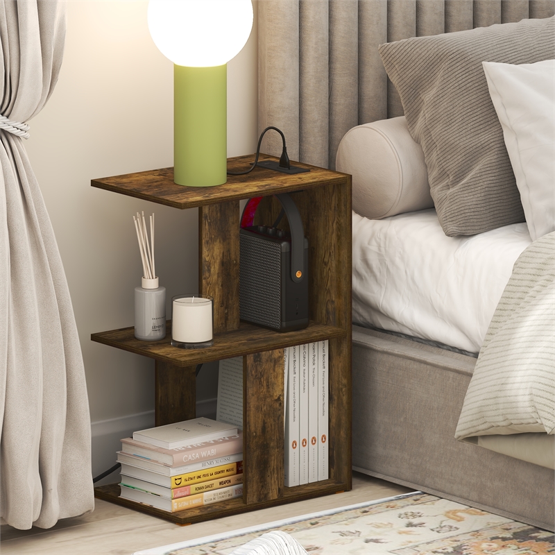 Furinno BOYATE 2-Tier End Table with USB & Type-C Charging Port. Amber Pine