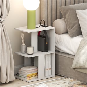 Furinno BOYATE 2-Tier End Table with USB & Type-C Charging Port. White