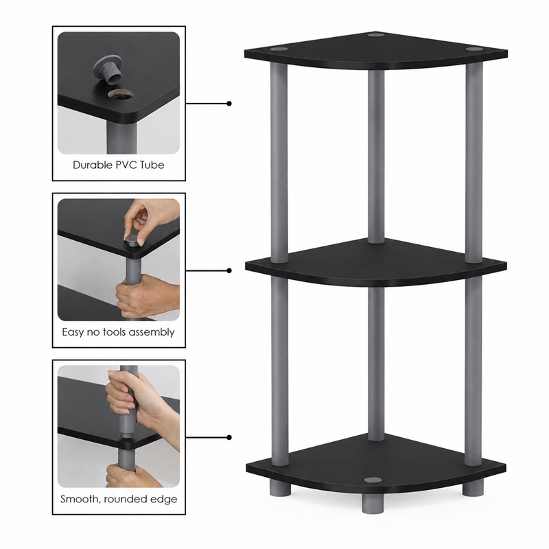 Furinno Turn-N-Tube 3-Tier Toolless Corner Closet Organizers/Storage. Black