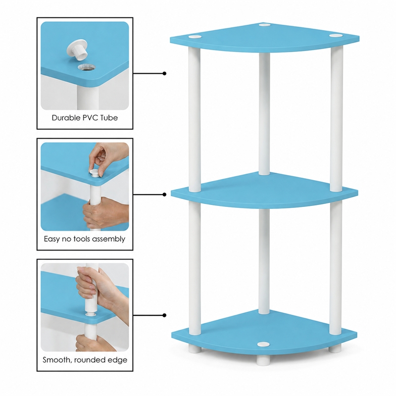 Furinno Turn-N-Tube 3-Tier Toolless Corner Closet Organizers. Light Blue
