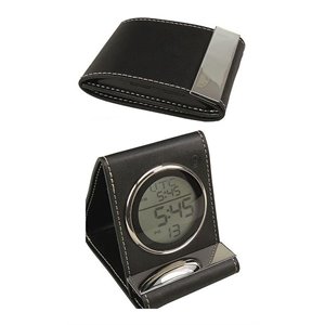 jiallo travel modern leather travel alarm clock in black/silver
