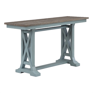 treasure trove wharf console table with plank top design and trestle base - blue