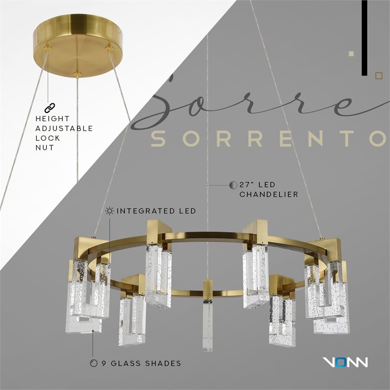vonn sorrento 27&quot etl certified integrated led aluminum chandelier antique brass