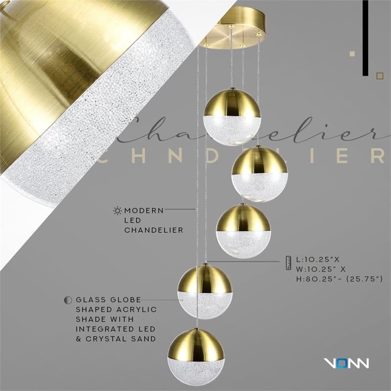 Ravello 5-Light Integrated LED ETL Certified Aluminum Chandelier - Brass
