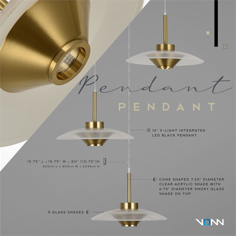 VONN Ferrara Height Adjustable ETL Certified Integrated LED Pendant in AB