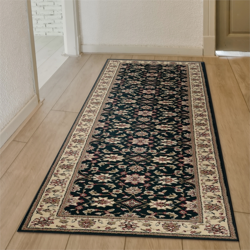 Radici USA Como Traditional Oriental Floral Black Runner Polypropylene Rug 2'2