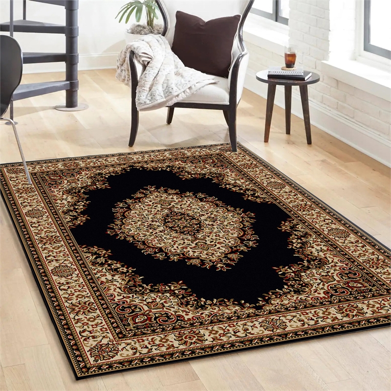 Radici USA Como Traditional Medallion Black Rectangular Polypropylene Area Rug 5'5