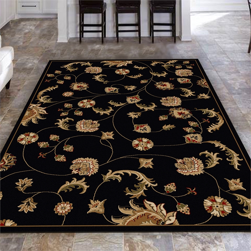 Radici USA Como Transitional Botanical Black Rectangular Polypropylene Area Rug 5'5