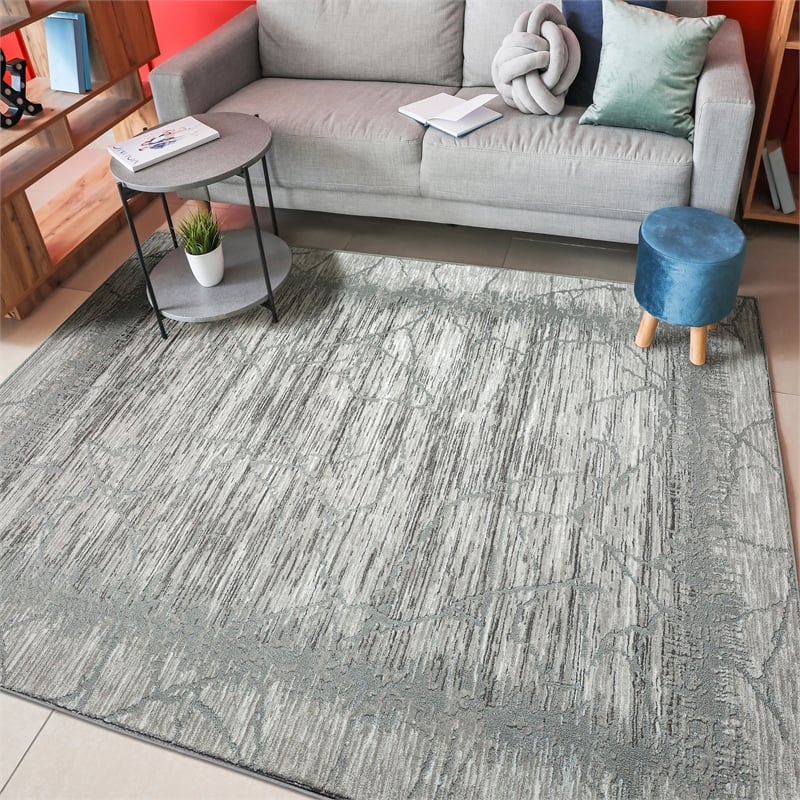 Davide 1229 Transitional Crackled Gray Polypropylene Area Rug 5'3