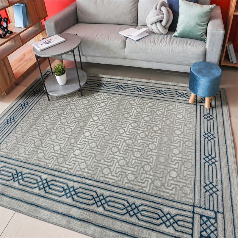 Davide 1231 Transitional Bordered Blue Polypropylene Area Rug 5'3