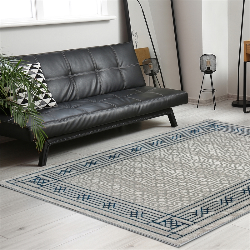 Davide 1231 Transitional Bordered Blue Polypropylene Area Rug 5'3