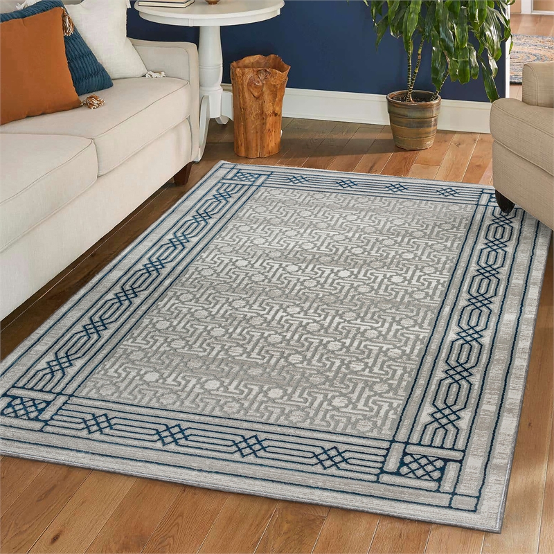 Davide 1231 Transitional Bordered Blue Polypropylene Area Rug 7'10