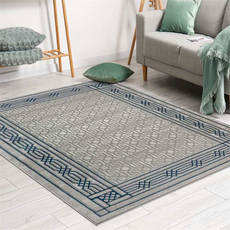 Davide 1231 Transitional Bordered Blue Polypropylene Area Rug 7'10