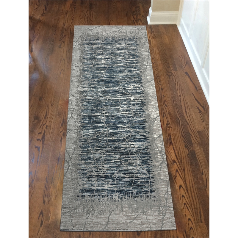 Davide 1229 Transitional Crackled Blue Runner Polypropylene Area Rug