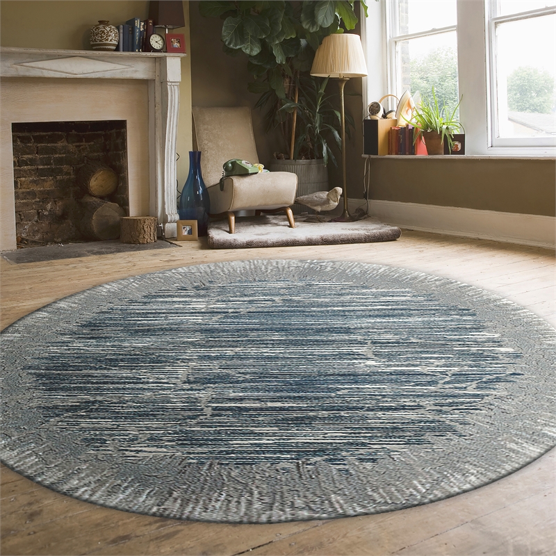 Davide 1229 Transitional Crackled Blue 5' Round Polypropylene Area Rug