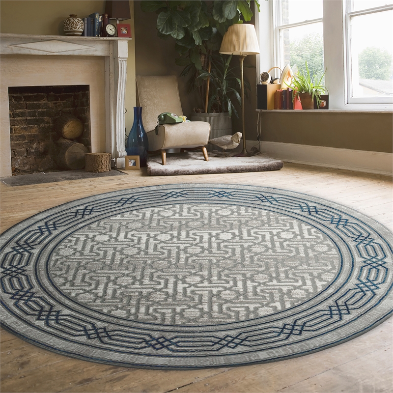 Davide 1231 Transitional Bordered Blue Round Polypropylene Area Rug 7'10