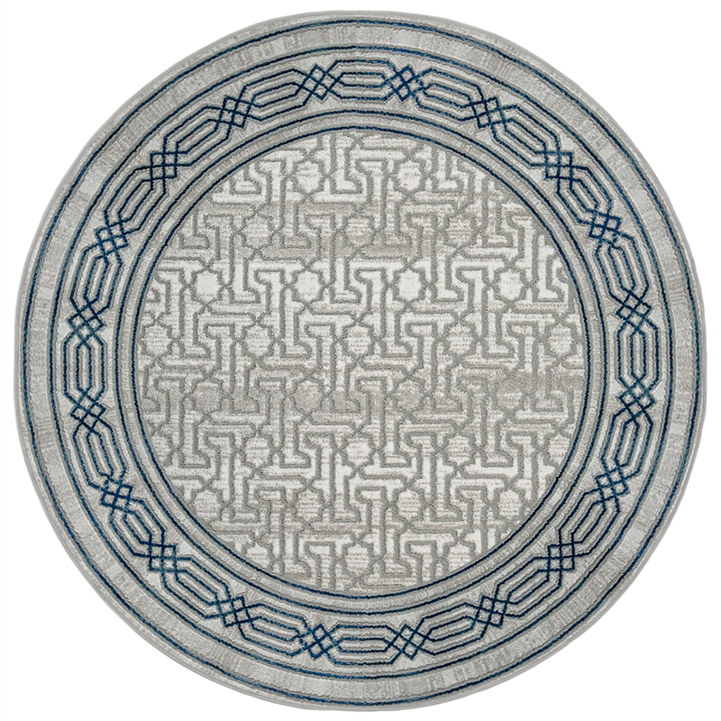 Davide 1231 Transitional Bordered Blue Round Polypropylene Area Rug 7'10