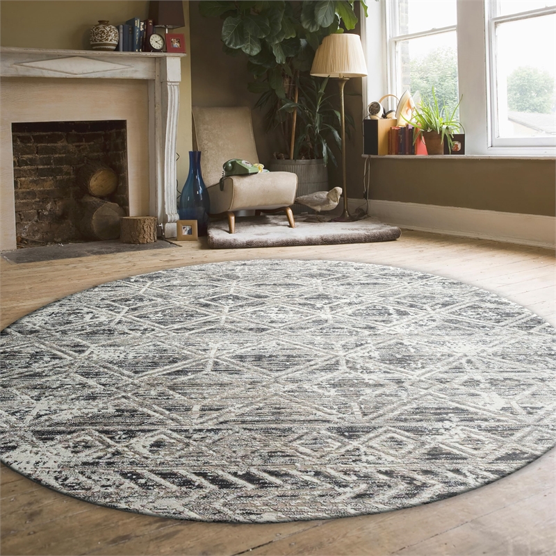 Livigno 1243 Transitional Geometric Grey 5' Round Area Rug