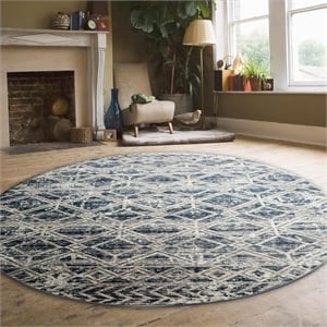 Livigno 1243 Transitional Geometric Blue Round Polypropylene Area Rug 5'3&quot x 5'3&quot