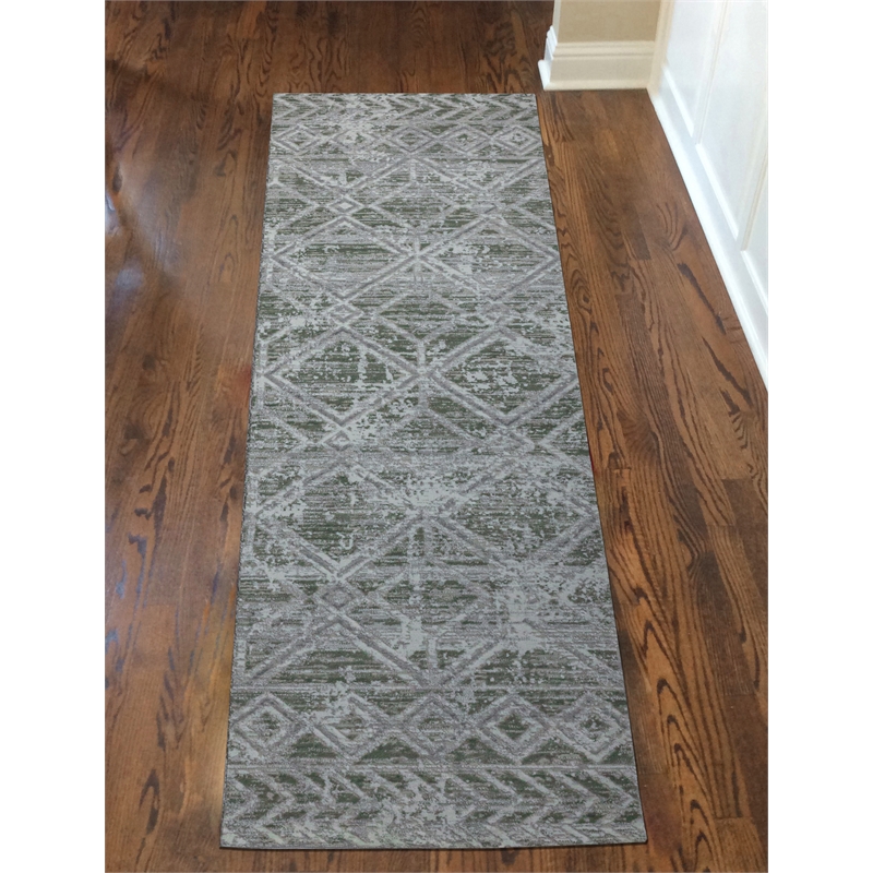 Livigno 1243 Transitional Geometric Green Runner Polypropylene Area Rug 2'2