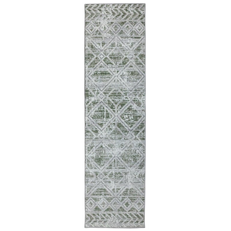 Livigno 1243 Transitional Geometric Green Runner Polypropylene Area Rug 2'2