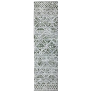 Livigno 1243 Transitional Geometric Green Runner Polypropylene Area Rug 2'2&quot x 7'7&quot
